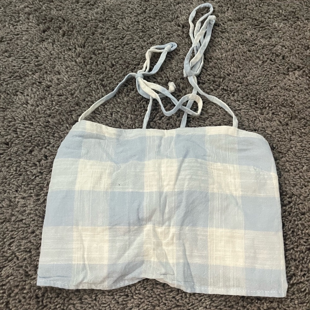 Baby blue and white plaid crop top with bow on back